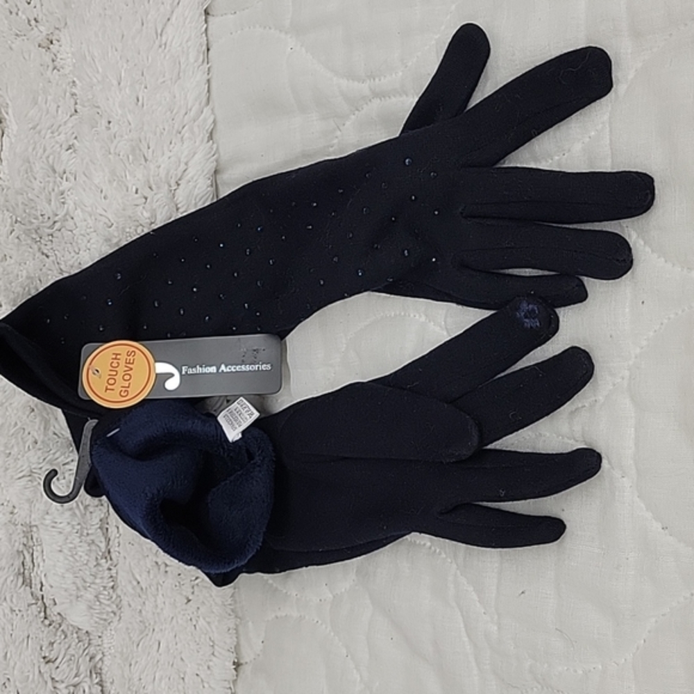 Navy 3/4 length gloves with soft furry lining and dusted with blue crystals